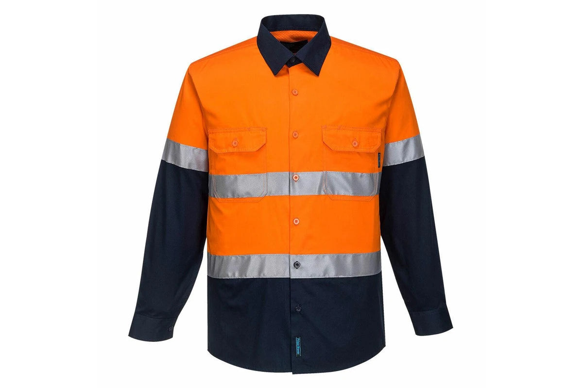 CHEMISE MANCHE LONGUE PORTWEST BICOLORE ORANGE/BLEU + BANDE REFLECHISSANTE 100% COTON MA801
