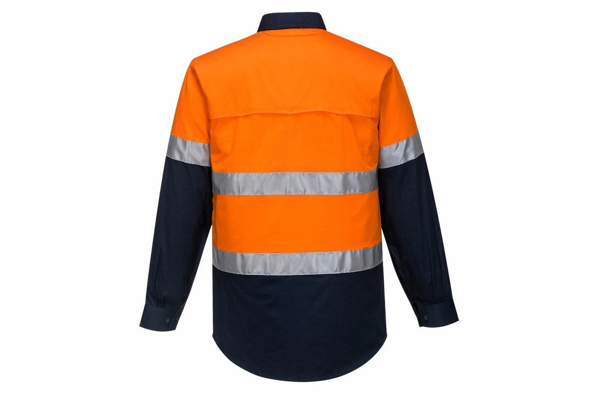 CHEMISE MANCHE LONGUE PORTWEST BICOLORE ORANGE/BLEU + BANDE REFLECHISSANTE 100% COTON MA801