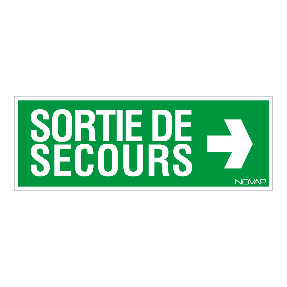 Panneau sortie de secours flèche droite avec texte rigide 330 x 120 mm NOVAP 4035543
