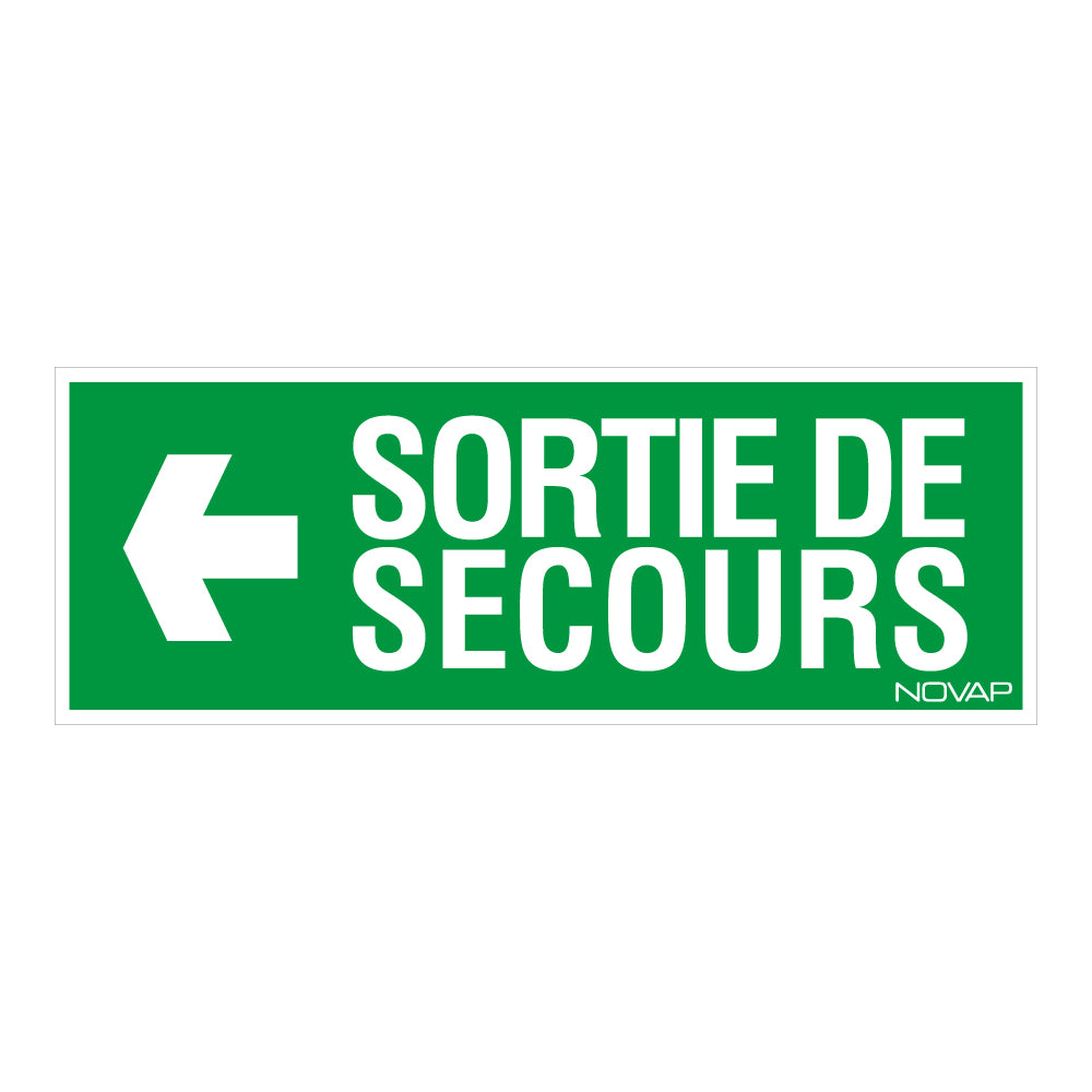 Panneau sortie de secours flèche gauche avec texte rigide 330 x 120 mm NOVAP 4035550