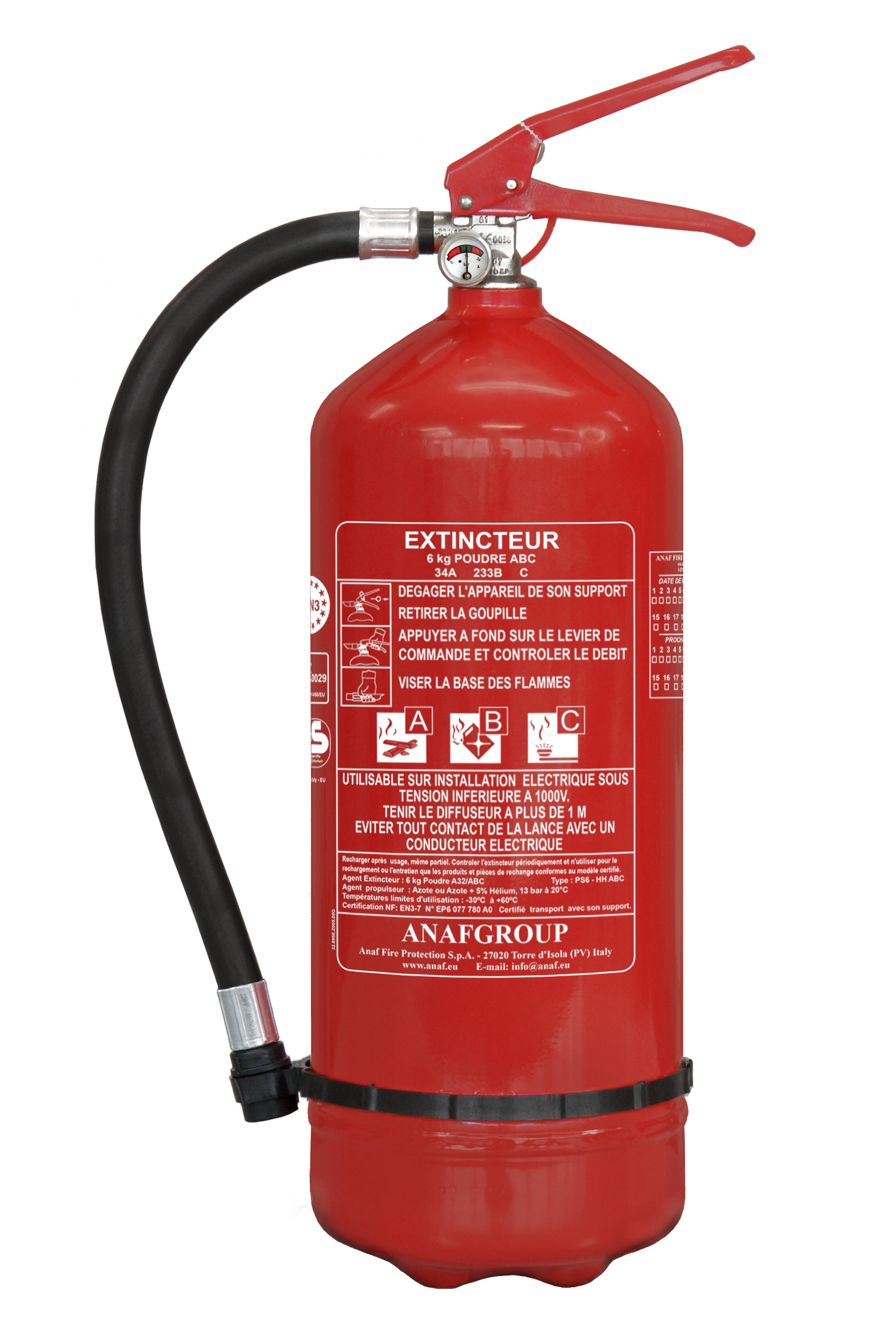 EXTINCTEUR A POUDRE MODELE 6KG ABC NF ANAF PRESSION PERMANENTE PS6-HH