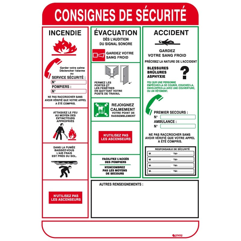 Panneau « Consignes de sécurité » – 450 × 300 mm – Réf. 620001