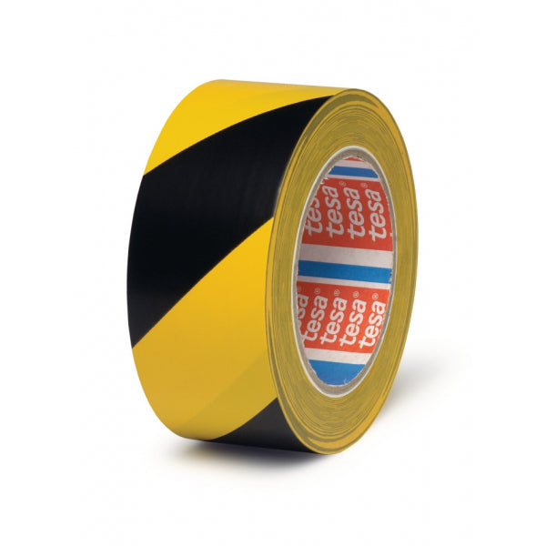 RUBAN ADHESIF DE MARQUAGE AU SOL 33m x 50mm NOIR JAUNE PERMANENT PVC TESA